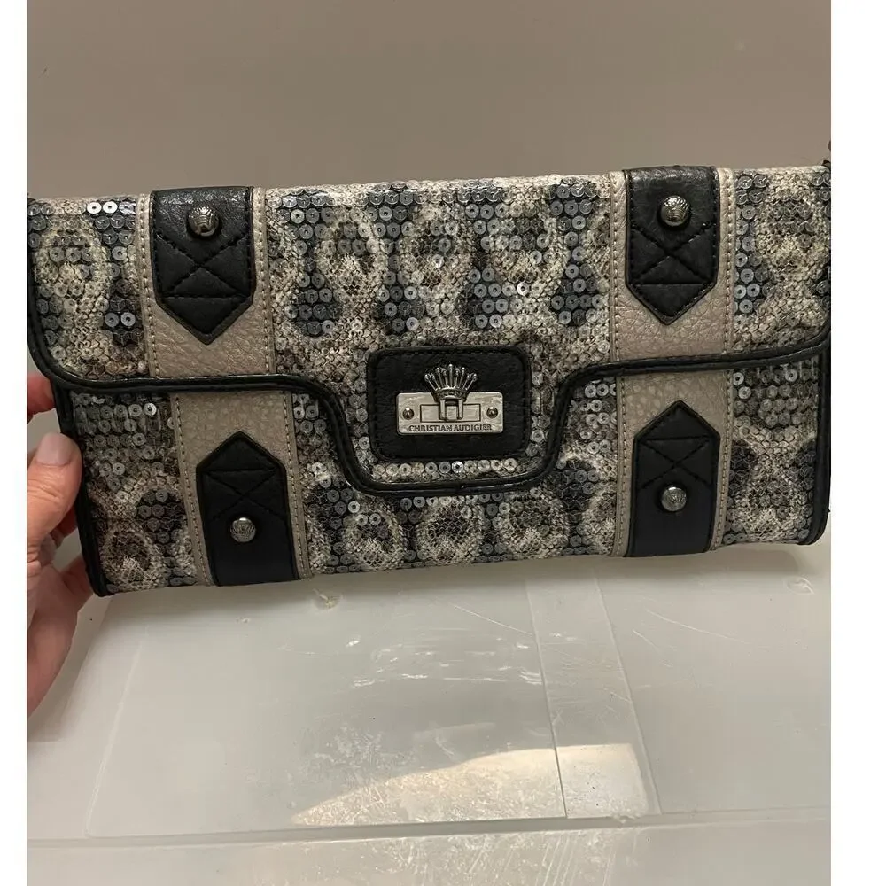Christian Audigier Snake Clutch Magnetic Closure Python Envelope Purse
